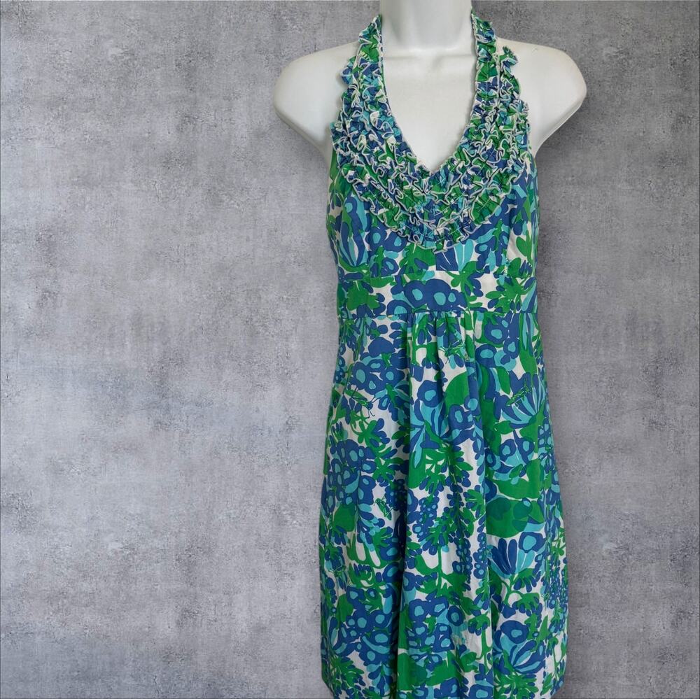 Lilly Pulitzer Halter Dress Blue Green Floral Ruffle Cotton 2